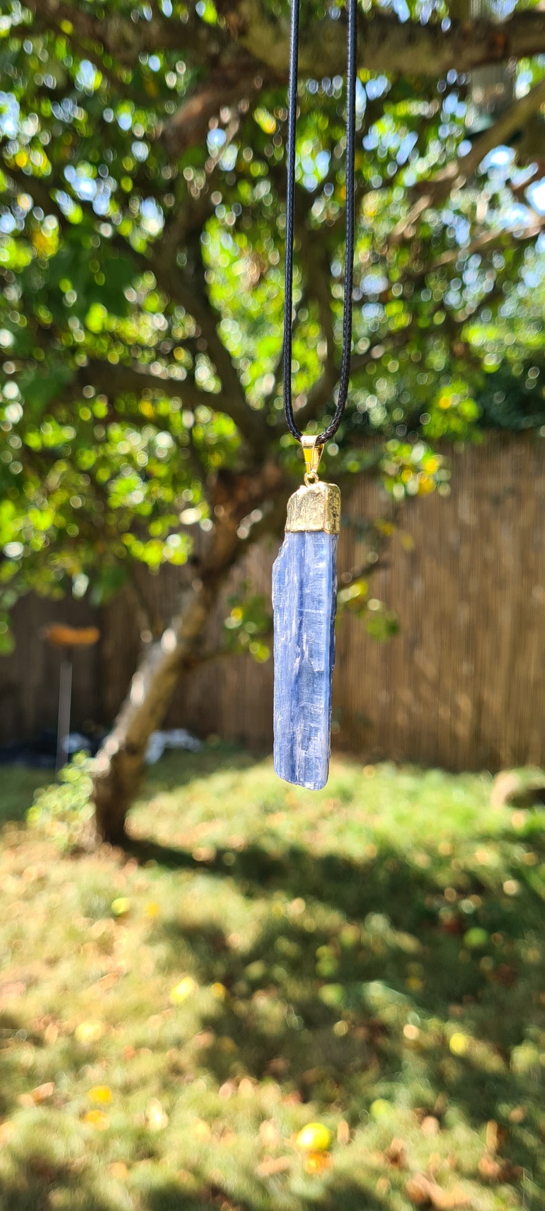 May include: A blue kyanite crystal pendant on a black cord necklace. The pendant is attached to a gold-colored bail.