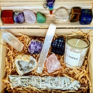 Caja de regalo de cristal curativo de lujo Kit de limpieza energética y reiki de chakras y atención plena Regalo de Navidad de bienestar espiritual para ella o para él