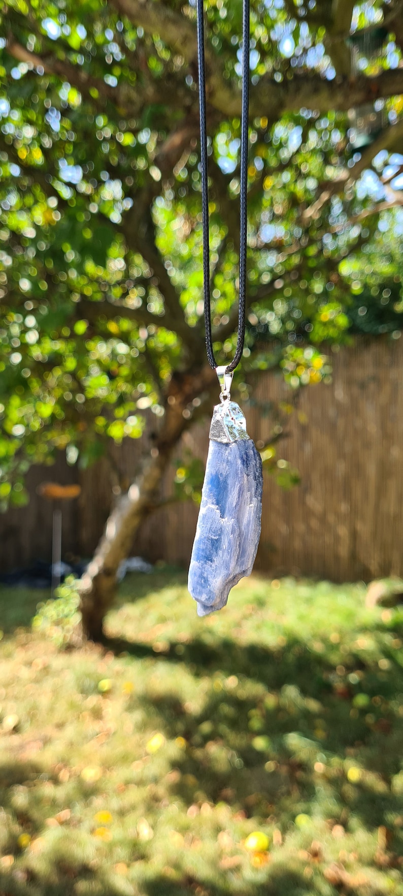 May include: A blue kyanite crystal pendant on a black cord necklace. The pendant is a raw, natural crystal with a silver bail.