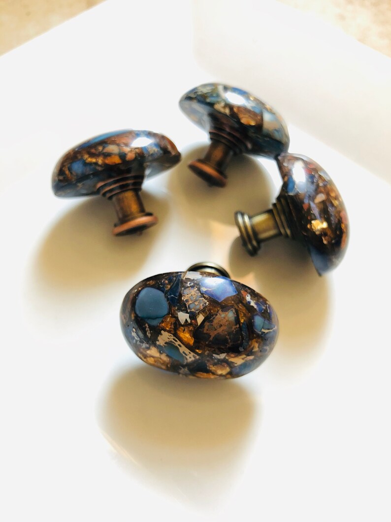 Stone Knobs Blue Stone With Copper Knobs Kitchen Etsy
