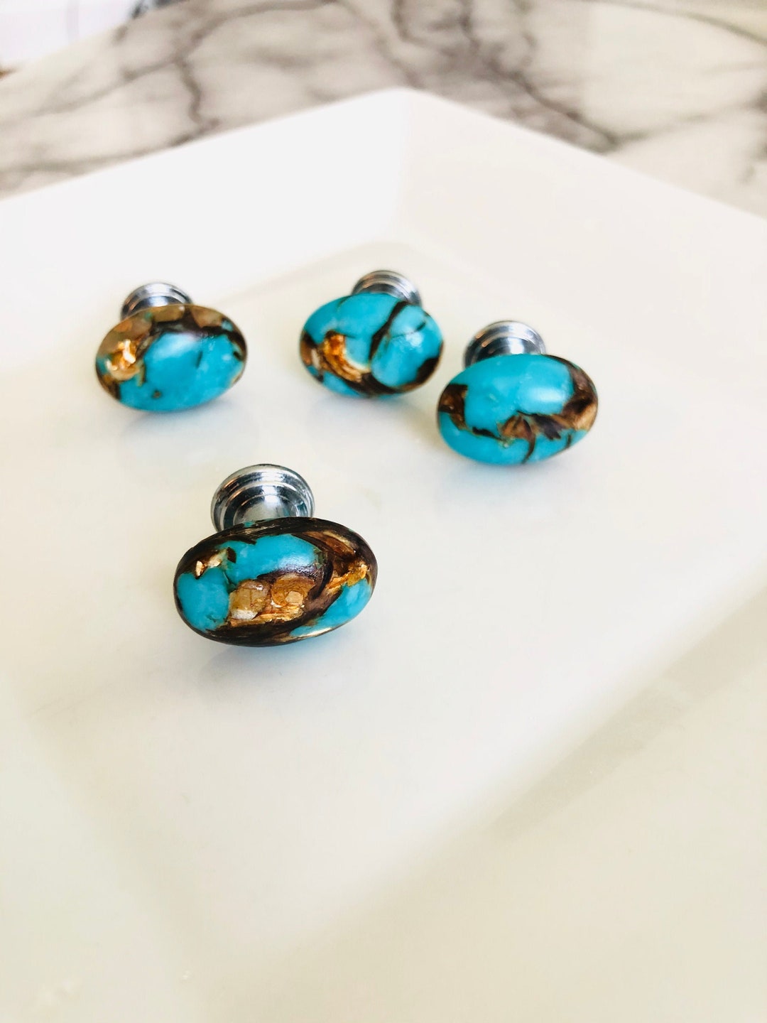 Teal Blue and Bronze Knobs Stone Drawer Knobs Etsy
