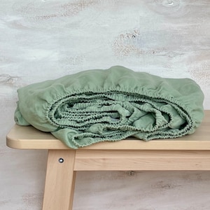 Sage Green Linen Fitted Sheet: Stonewashed European Linen, Custom Size