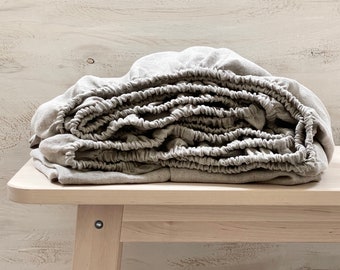 Natural Beige Linen Fitted Sheet: Soft Stonewashed European Flax locally made