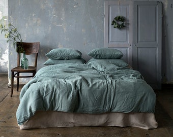 Eucalyptus Green Linen Duvet Cover Set: Softened Stone Washed Bedding, made in Europe