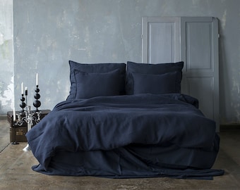 Navy Blue Linen Bedding Set: Stonewashed European Linen Duvet Cover & Pillowcases