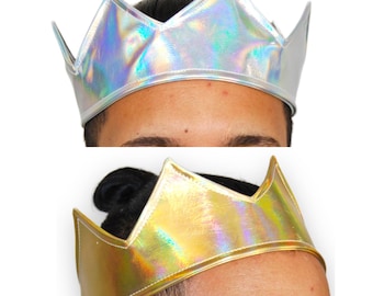 Holographic Adjustable Crown Iridescent Faux Leather Festival Wear Burning Man Rave Wear Rave Clothing LGBTQ Gay Clothing Hat Headwear
