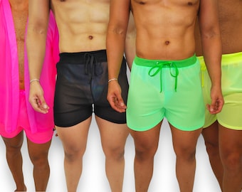 Herren schiere Chiffon Kurze Festival Wear Durchsichtig Mesh Brennende Mann Coachella Rave Wear LGBTQ Pride Wear Neon Pink Gelb Schwarz Grün