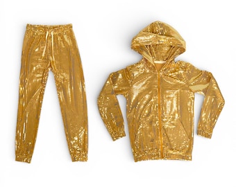 Guldfärgad paljetthuva med joggingsset