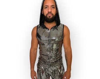 Camiseta sin mangas con capucha y cremallera con diseño de bola de discoteca plateada