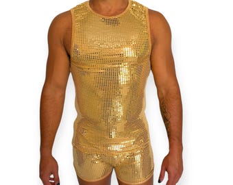 Gold Sequin Fitted Tank and Shorts Set