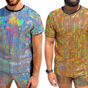 Iridescent Holographic Mens Tee Festival Wear Rave Wear Rave Clothes Festival Clothes Silver Rainbow Gay Clothes LGBTQ Shiny