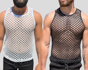 Mens Fishnet Racer Back Tank Festival Wear Festival kleding Rave Wear Rave Outfit Burning Man Mesh See Through Party Wear Gay kleding