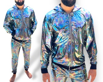 Holographic Black Reflective Hoodie Jogger Oil Slick