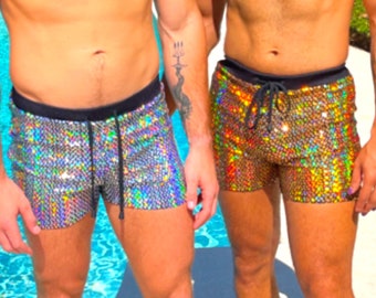 Holographic Iridescent Mens Shorts Festival Wear Festival Clothing Rave Wear Rave Clothing Gay Clothing LGBTQ Iridescent Shiny