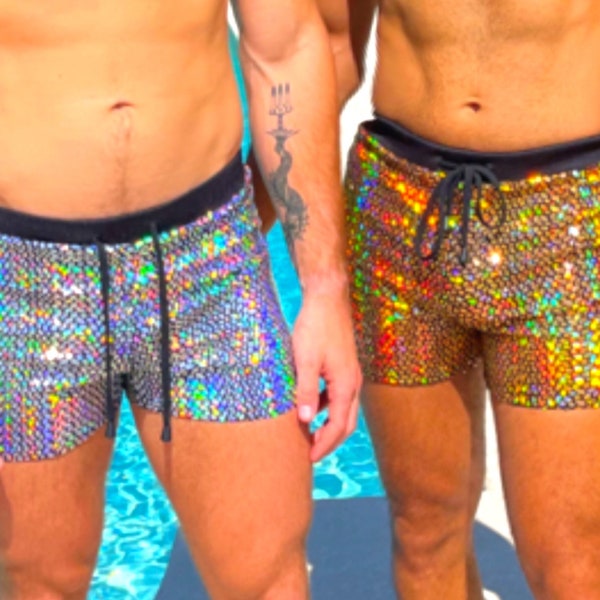 Shorts holographiques irisés pour hommes Vêtements de festival Vêtements de festival Vêtements rave Vêtements rave Vêtements gays LGBTQ irisé brillant