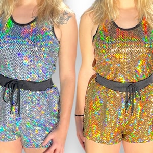 Holographic Womens Racer Back Tank Shorts Festival Wear Iridescent Rave Fashion LGBTQ Pride