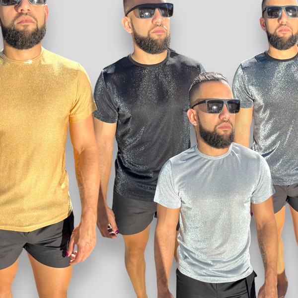 Metallic  Jersey Mens Tee Shirt Shiny Party Wear LGBTQ Gay Clothing Light Reactive Metallic Shirt Gold Shirt Festival Wear Rave Wear