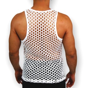 May include: White, open-weave tank top. The sleeveless shirt features a diamond-shaped mesh design. The tank top has a rounded neckline and a straight hemline. The garment is made of a lightweight material.
