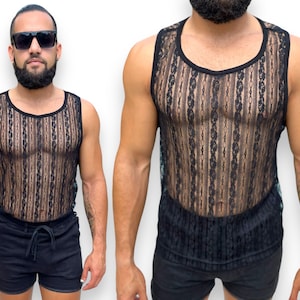 Heren zwarte verticale streep stretch racerback tank festival slijtage rave wear festival kleding rave kleding gay fashion LGBTQ pure mesh
