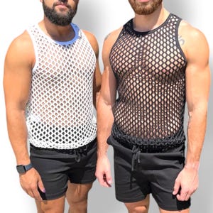 May include: Two sleeveless tank tops featuring a wide diamond-shaped mesh pattern. One tank top is solid white and the other is solid black. Both garments have a round neckline and are paired with black shorts that feature an adjustable drawstring waist.