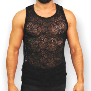 Abstrakte Mesh Stretch Mens Racer Back Tank Spinnennetz Halloween Shirt Festival Wear Sheer See Durch Fischnetz Rave Wear Rave Kleidung Spooky