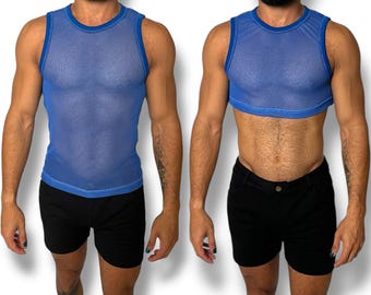 May include: Two blue mesh tank tops are shown, one full length and one cropped. The tops have a round neckline and are worn with black shorts. The mesh fabric allows visibility through the garment.