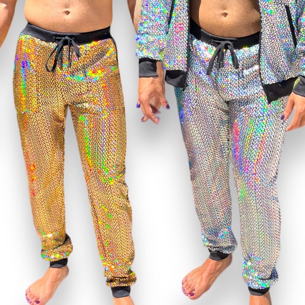 Jogging réfléchissant holographique pour hommes Rave Wear Vêtements de festival Mode pour hommes Glitter Party Wear Costume Arc-en-ciel Gay LGBTQ