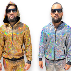 Holographisch Reflective Herrenmode Hoodie Rave Wear Festival Kleidung Herrenmode Glitzer Party Wear Kostüm Regenbogen Gay LGBTQ