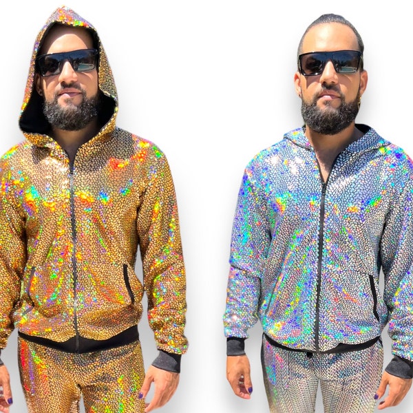 Holographic Reflective Menswear Hoodie Rave Wear Festival Clothing Mens Fashion Glitter Party Wear Costume Rainbow Gay LGBTQ