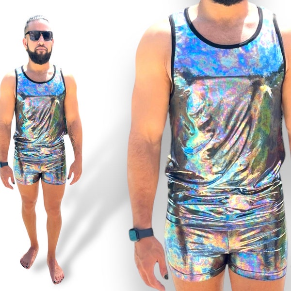 Iridescent Holographic Light Reactive Racer Back Stretch Mens Tank Short Set Festival Wear Festival Clothing Rave Clothing