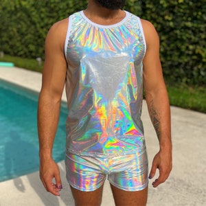 Holographic Racer Back Mens Tank Reflective Irridescent Festival Wear Rave Wear Burning Man Rave Clothing Gay Clothing LGBTQ