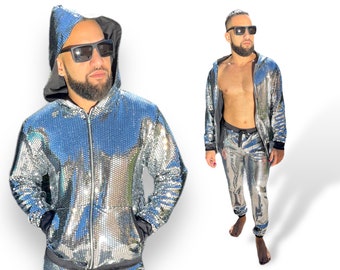 Herren Hoodie Silber Reflective Jogger Sequin Disco Ball