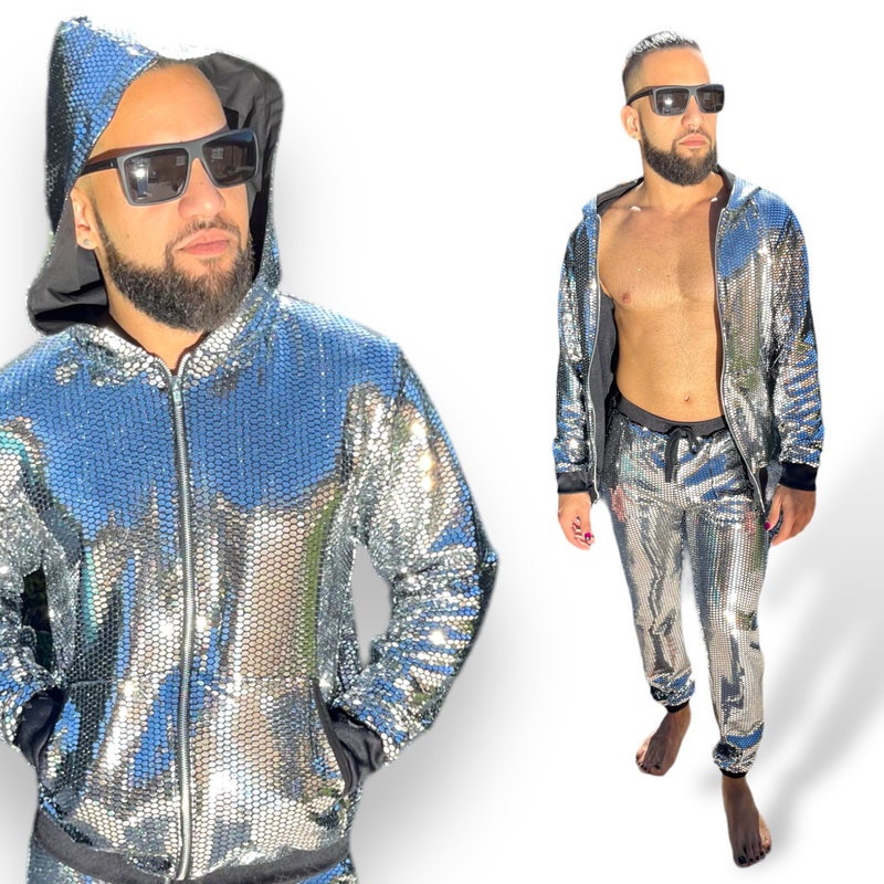 Men Contrast Sequin Detail Pullover & Joggers Set