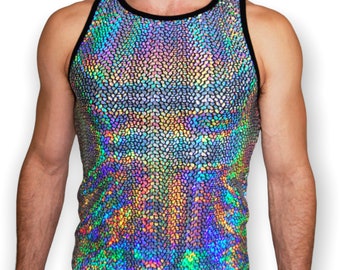May include: A sleeveless tank top with a iridescent, multi-colored, textured pattern. The tank top has a black trim around the neck and armholes.