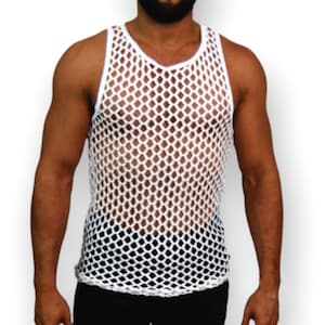 May include: White fishnet vest top. The sleeveless top has a diamond-shaped mesh design. The neckline is a rounded V-neck. The garment is made of a lightweight, breathable material.