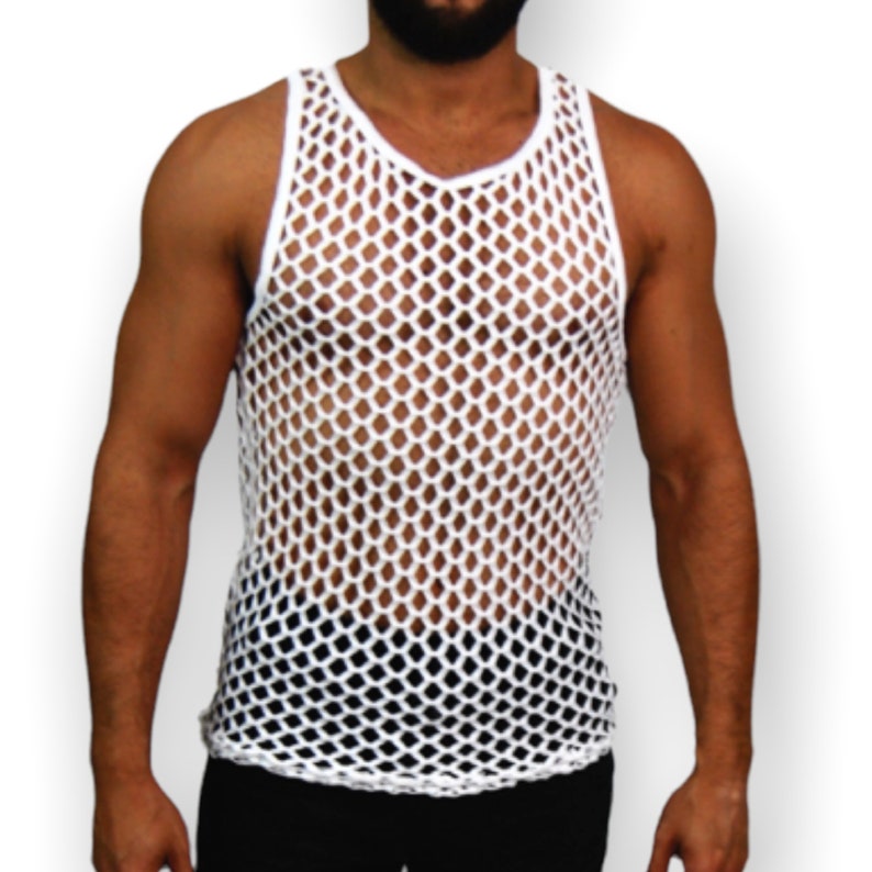 May include: White fishnet vest top. The sleeveless top has a diamond-shaped mesh design. The neckline is a rounded V-neck. The garment is made of a lightweight, breathable material.