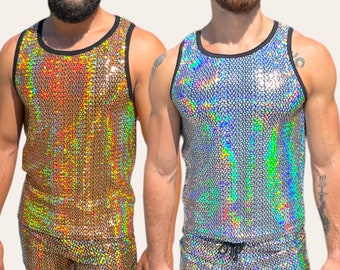 Vêtements pour hommes réfléchissants holographiques à dos nageur, débardeur Rave Wear, vêtements de festival, mode pour hommes, tenues de soirée scintillantes, déguisement arc-en-ciel gay LGBTQ