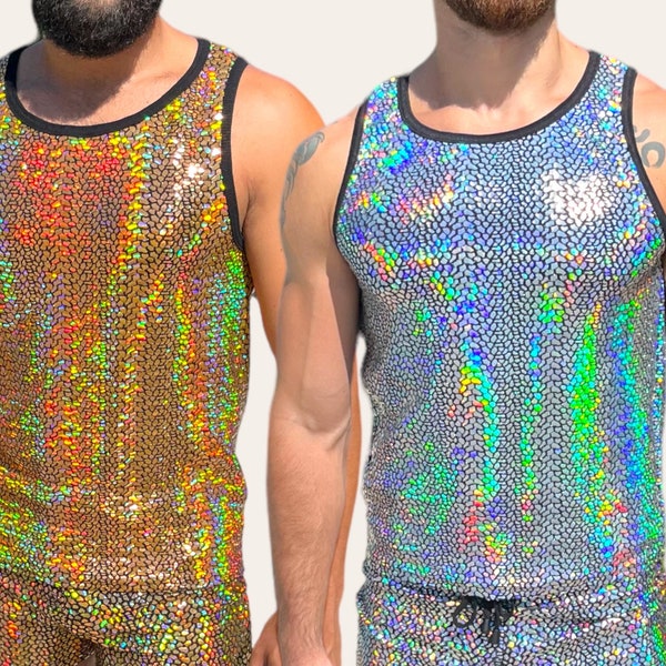 Abbigliamento da uomo riflettente olografico Racer Back Tank Rave Wear Festival Abbigliamento Moda uomo Glitter Party Wear Costume Arcobaleno Gay LGBTQ