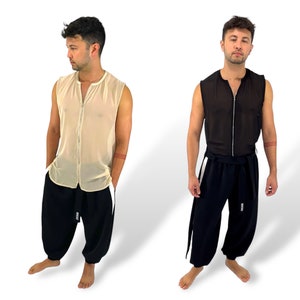 Mens Sheer Chiffon Zip Up Vest See Through Clubwear LGBTQ Gay Pride Streetwear Sexy Revealing Nightclub Shirt Unique