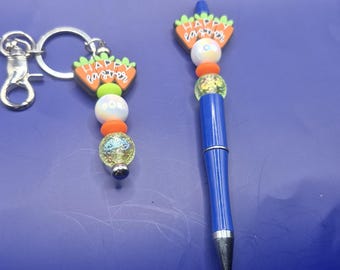 Happy Easter Carrot Pen and Keychain Set – Beaded Easter Decor