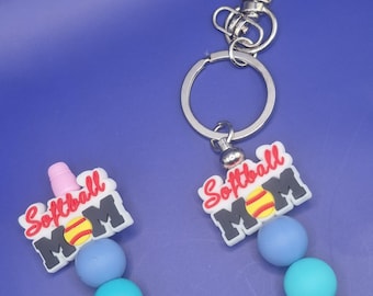 Softball Mom Beaded Keychain Lanyard (Pink, Blue, Teal)