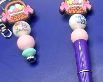 Easter Basket Charm Pen & Keychain Set – Beaded Easter Eggs, Bunny Design