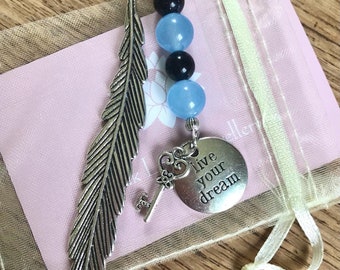 Blue Goldstone & Sea Blue Agate handmade bookmark “Live Your Dream”