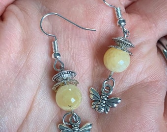 Honey jade handmade gemstone bee charm earrings