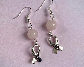 Rose quartz hope ribbon earrings