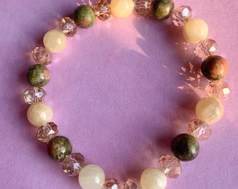 Unakite, honey jade & champagne crystal glass healing bracelet