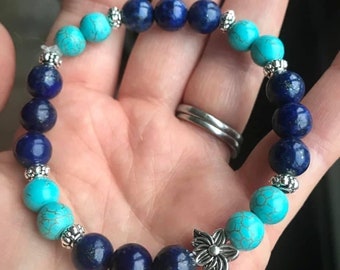 Lapis Lazuli & Turquoise gemstone bracelet with lotus flower