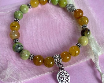 Chrysoprase and autumnal cracked agate gemstone bracelet with leaf charm