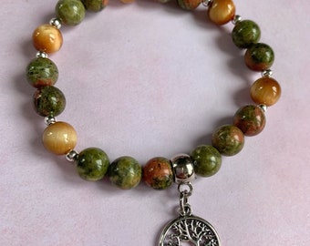 Unakite & Tigerseye gemstone bracelet with tree of life charm