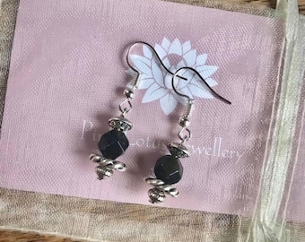 Gold sheen black obsidian faceted droplet earrings